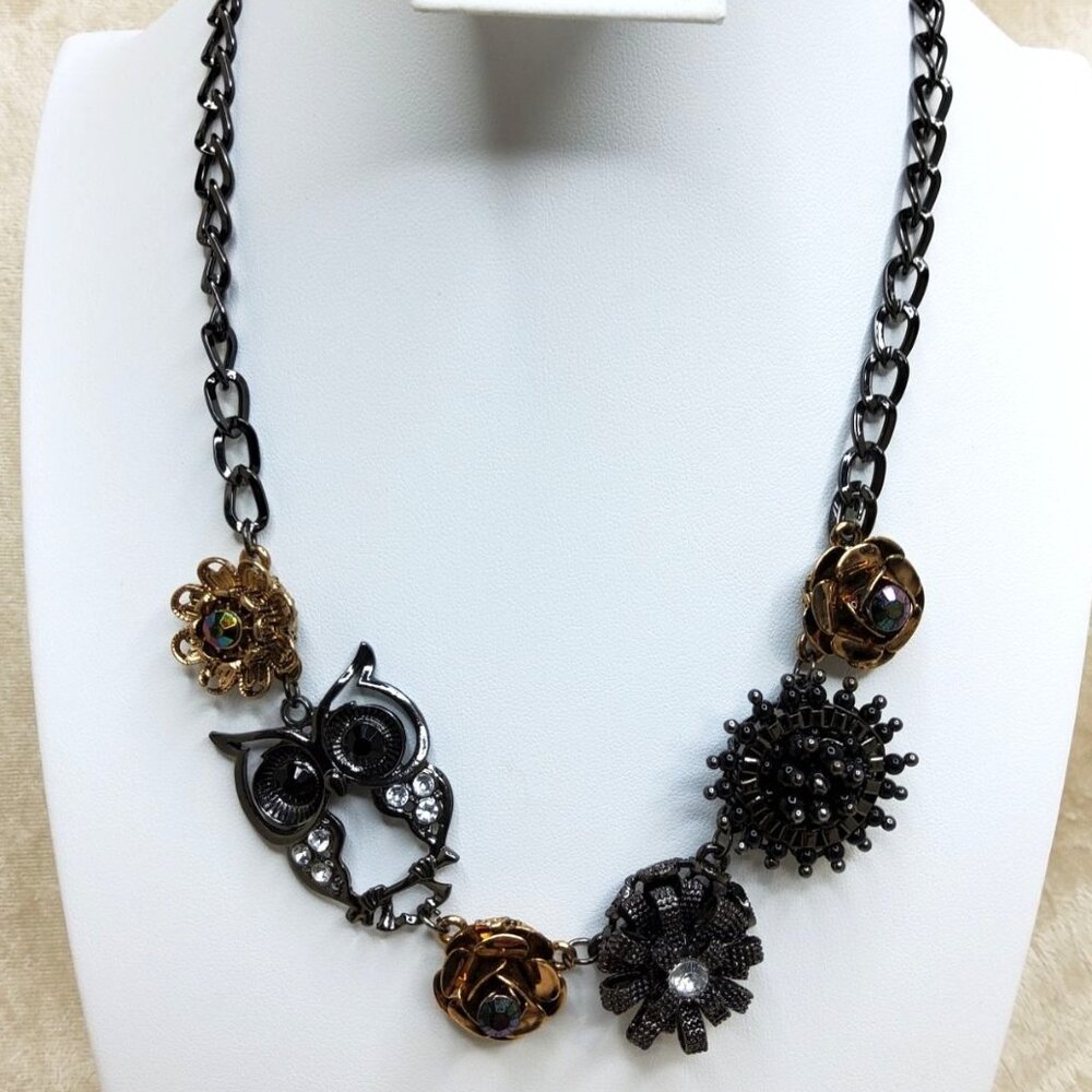 vintage hand made eclectic black chain floral outburst owl design necklace